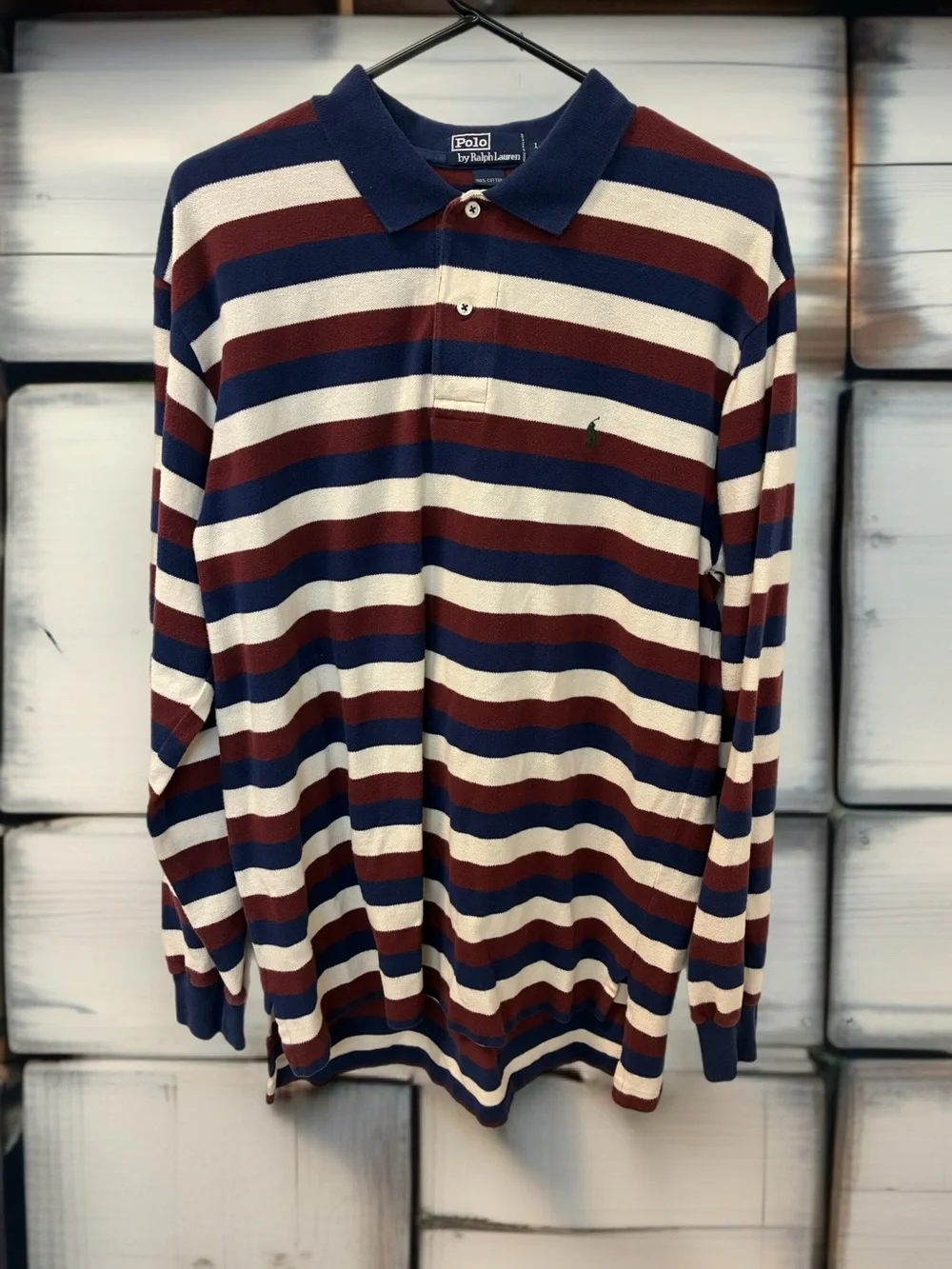Ralph Lauren Men's Long-Sleeve Striped Polo - Navy, Maroon, Cream Size L